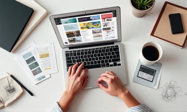 Persona che organizza lavori di design su un portfolio digitale con elementi creativi sparsi